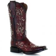 Corral Circle G Wine Floral Embroidered Square Toe Womens Western Boot