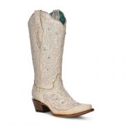 Corral Bone Crystal Embroidered White Snip Toe Womens Western Boot