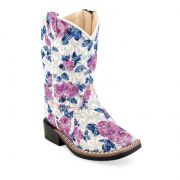 Jama Kids Leatherette Sparkle Floral Square Toe Western Boot White