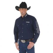 Wrangler Mens Long Sleeve Logo Western Button Shirt Navy
