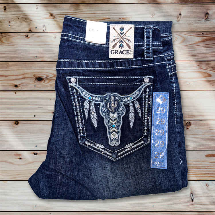 Grace in LA Womens Western Cow Head Jeans | Sunset Feed & Supply