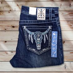 Grace in LA Womens Western Cow Head Jeans