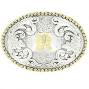 Nocona Berry Oval Initial Scroll Western Belt Buckle Gold on Silver