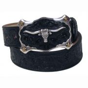 Justin Mens Floral Tooled Leather Western Belt with Oval Logo Buckle Black
