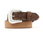Nocona Mens Plain Western Belt with Tooled Tabs Brown