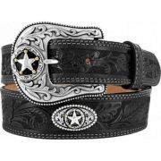 Leegin Mens Tooled Leather Western Belt with Texas Sheriff Star Conchos Black