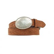 Nocona Men's Embossed Leather Western Belt with Floral Oval Trophy Buckle Brown