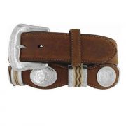 Tony Lama Mens Scalloped Leather Belt with Rawhide Accents and Conchos Brown