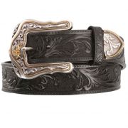 Tony Lama Mens Embossed Leather Western Belt with Bronc Rider Buckle Black