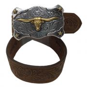 Tony Lama Kids Tooled Leather Western Belt with Longhorn Buckle Brown
